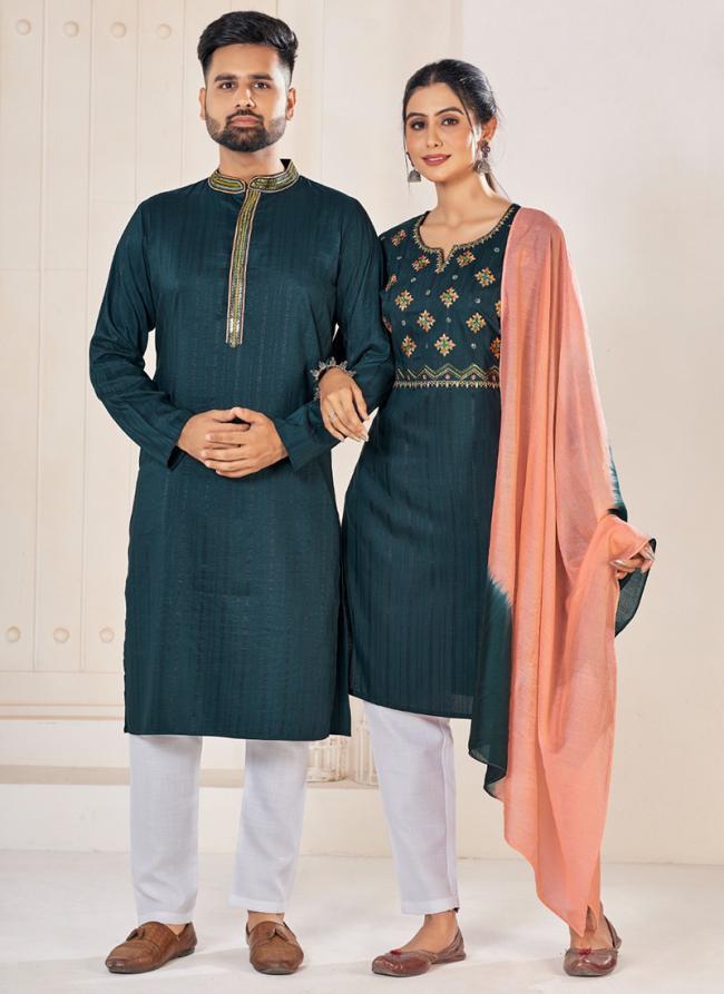 Pure Viscose Morpeach Festival Wear Embroidery Work Readymade Couple Combo Set